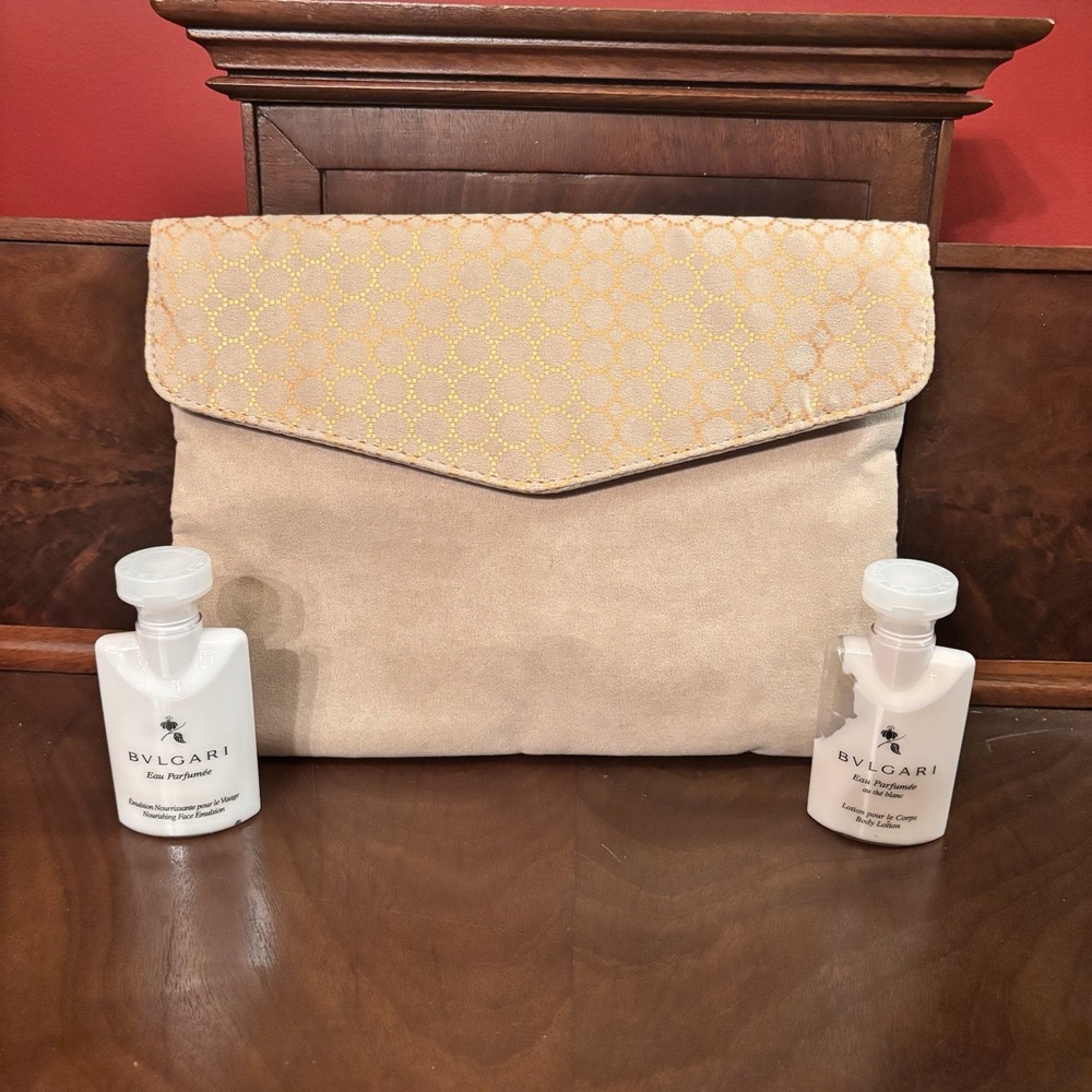 BVLGARI Fabric Cosmetic Makeup Bag Suede Clutch Pouch Beige Gold‎
